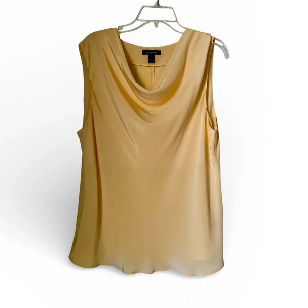 St. John Elegant Soft Yellow 100% Silk Sleeveless Draped Neckline Blouse Top XL